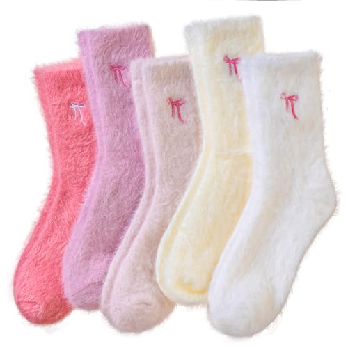 Velice Fuzzy Socks For Women Fluffy Cozy Slipper Pink Heart Bow Warm Winter Home Sleeping Thick Comfy Socks 5 Pairs (Bow-Pink Series)