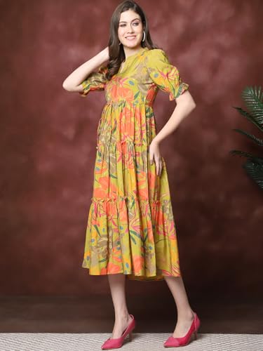 Image of Claura Women Floral Print Mandarin Collar Puff Sleeves Maxi Midi Dress