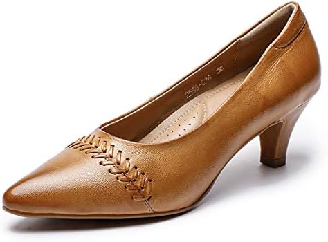 Mona flying Women's Leather Pumps Mid Heels Dress Shoes Classic Slip On Pointed Toe for Office Ladies