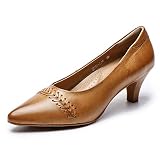 Mona flying Women's Leather Pump Med Heel Pointed Toe Office Dress Shoes for Ladies, Chestnut, 10