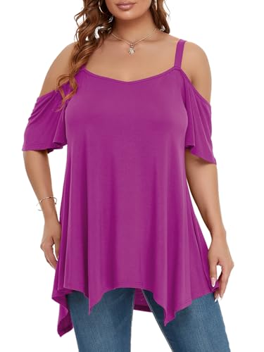 Image of LARACE Cold Shoulder Tops for Womens Summer Clothes Spaghetti Strape Tunic Oversized Shirts Asymmetrical Plus Size Blouse