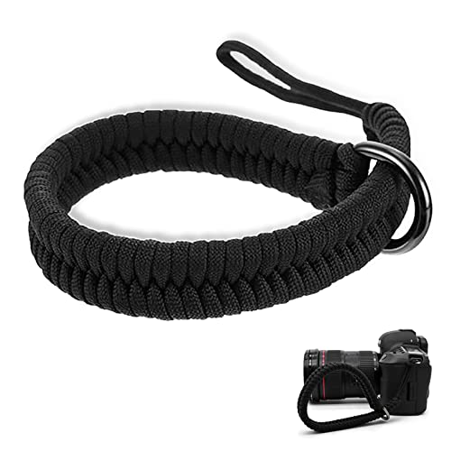 Modonghua Cordino da polso per fotocamera, in paracord, per tutte le fotocamere mirrorless, DSLR, SLR e videocamere, con foro rotondo per fotografi (nero)