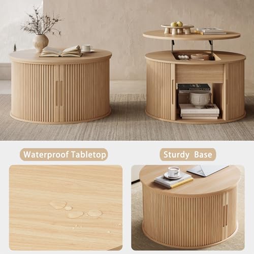 Image of LINSY Lift Top Coffee Table, Round Fluted Coffee Table with Storage, Boho Wooden Coffee Tables with Sliding Tambour Door, 31.5 inch Center Table for Living Room, Office, Small Space, Natural Oak