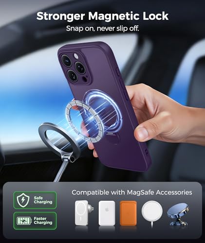 Image of FNTCASE for iPhone 15 Pro-Max Case: [360 Spin Magnetic Stand] [Compatible with Magsafe] [Screen Protector] Translucent Matte Military Grade Shockproof Full Camera Protective Phone Cover - Purple