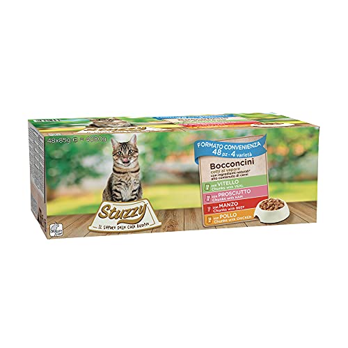 Stuzzy, Comida Húmeda para Gatos Adultos, Varios Sabores, Bocaditos en Salsa - Total 4,08 kg (48 Sobres x 85 gr: 12 Pollo; 12 Buey; 12 jamón; 12 Ternera) Cover