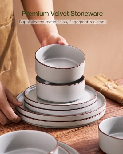 Image of Famiware Nebula Ridge 24-Piece Dinnerware Set with Pasta Bowls, Light Gray