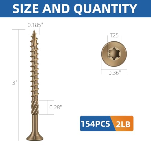 Image of #9 x 3 Heavy-Duty Deck Screws - Bronze Long Outdoor Wood Screws, Torx Drive with T25 Bit, Rust Resistant for Wood Decking and Fence (2lb,154Pcs)
