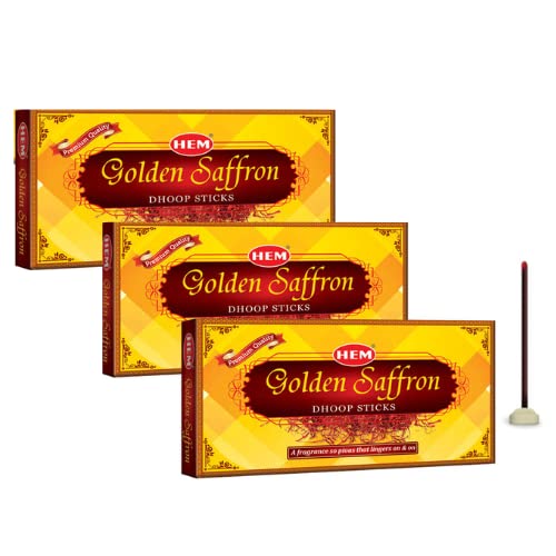 HEM Golden Saffron Dhoop Sticks | Bambooless & Charcoal-Free | Long-Lasting Fragrance for Pooja & Meditation | Handcrafted for Spiritual Practices | Pack of 3 (15 Sticks Each) | Burns 35-40 Min