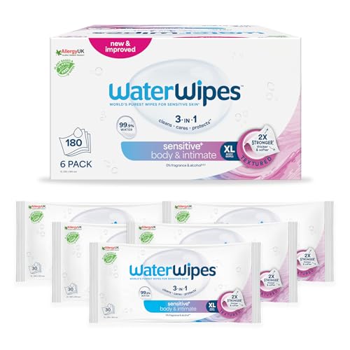 WaterWipes Sensitive+ Body & Intimate Wipes, Higiene Corporal e Intima, 180 toallitas (paquete de 6), 3 en 1 Limpia, Cuida, Protege, 99,9% de agua, Sin perfume e Higiene, Cuidado adulto