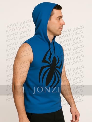 Jonzi Scarlet Spider Sleeveless Hoodie for Men | Royal Blue Gym Pullover | Spiderman Logo Workout and Casual Wear3