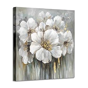 ARTISTIC PATH Gray Flower Canvas Wall Art – Abstract White Floral Painting Modern Blooming Bouquet Picture Gold Foil Artwork for Bedroom Living Room