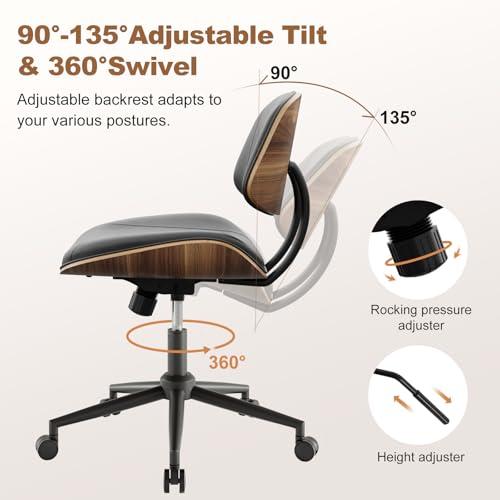 Image of Armless Office Chair with Wheels, PU Leather Adjustable Height Desk Chair - 360 Swivel Ergonomic Computer Chair for Small Space, Modern Walnut Style, Home & Meeting Room, Black