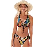 Conjunto de bikini triangular sexy para mujer, vintage, mariposa, beige, lazo frontal, parte superior ajustable, parte inferior atrevida en forma de corazón, Arte abstracto de búho, Large