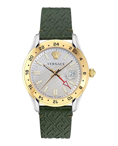 Versace Greca Time GMT Collection Luxury Mens Watch Timepieces with a Green Strap Featuring a Two Tone Case and a Silver Dial