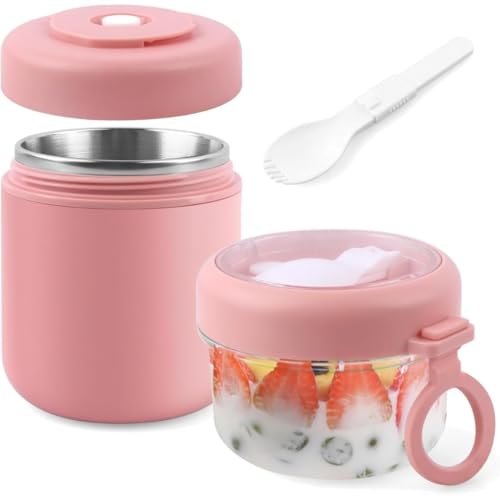 Image of 860ML Double Layer Lunch Container for Office & School, Insulated Food Jar with Snack Compartment, Leakproof Portable Bento Box, Round Lunch Box for Men Women Kids - Pink