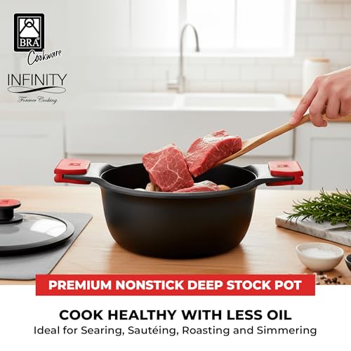 Image of BRA COOKWARE Infinity Nonstick Stock Pot w /Glass Lid | 8 Inch 2.8 Quart Cast Aluminum Cooking Pot | PFOA /PFAS Free Deep Pot | All Cooktops (incl Induction) | Removable Silicone Handle