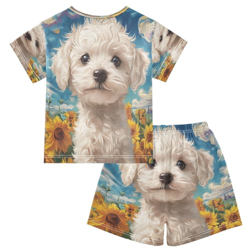 ALAZA White Dog Sunflower Blossom Pajamas Set Short Sleeve Cotton Sleepwear Summer Pjs 2 Piece 5-14Y2