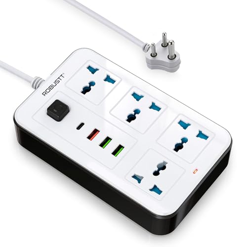Robustt 4‑Outlet Extension Board with 3 USB & 1 Fast Charging Type-C Port | 1.7 m Cable | Wall Mountable Extension Board | 2500W Multi Plug Extension 