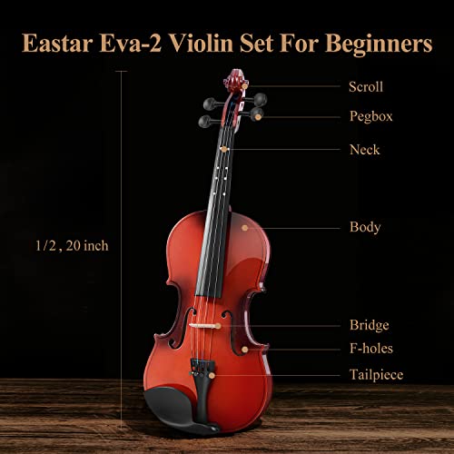 Image of Eastar 1 /2 Violin Set for Beginners, Half Size Fiddle with Hard Case, Rosin, Shoulder Rest, Bow, and Extra Strings (Imprinted Finger Guide on Fingerboard), EVA-2