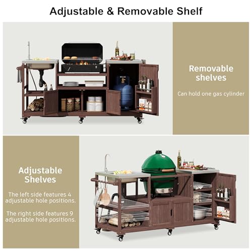 Image of Merax 75.4 inch Outdoor Grill Table for Big Green Egg, Outdoor Grill Cart with Sink, Solid Wood Grill Station Prep Table with with Stainless Steel Tabletop and Storage for Pizza Prep & BBQ,Brown