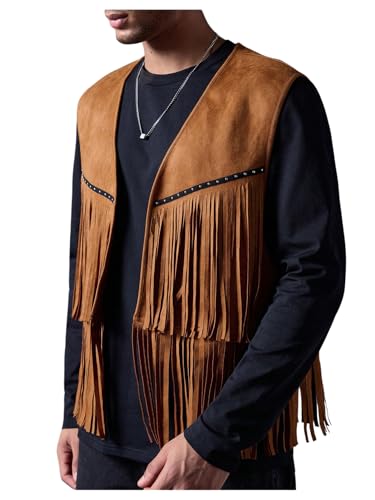 Men's Fringe Hem Sleeveless Vest 70s Hippie Faux Suede Tassel Open Front Jacket