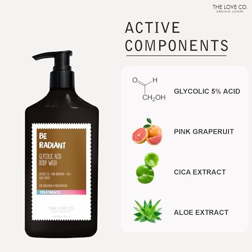 Image of THE LOVE CO 05% Glycolic Acid Body Wash + Body Lotion Combo Pack - Body & Back Acne | Prevents Dry, Rough, Bumpy, and Strawberry Skin | Deep Cleanses Skin