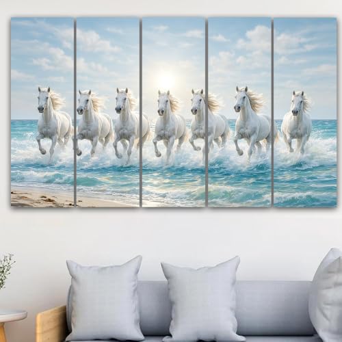 Image of Spacter White 7 Horses Wall Painting for Living Room Big Size - 7 Running Horses Painting Vastu for Bedroom, Office, Hotel - Wall Decor Digital Painting Wooden Framed for Gifting (30x60inch)