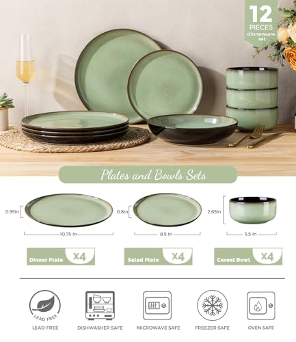 Image of LERATIO Ceramic Dinnerware Sets for 4,12 Pieces Poreclain Plates and Bowls Sets,Scratch Resistant Dishes,Dishwasher & Microwave Safe Dishes Set,Service for 4-Light Geen
