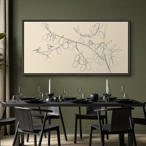 Image of MUDECOR Extra Large Framed Canvas Print Wall Art Simple Line Art Birds on Branch Botanical Minimalist Antique Retro Ready to Hang Painting for Living Room Bedroom Multi-Sizes - 60 inchx30 inch