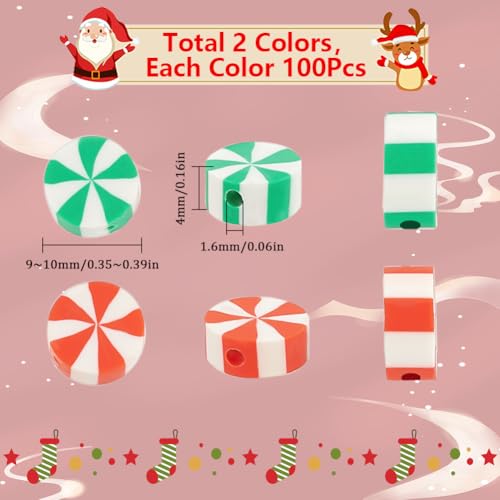 SUNNYCLUE 1 Box 200Pcs 10mm Christmas Polymer Clay Beads Candy Beads Cute Red Green Candy Round Flat Disc Vinyl Spacer Loose Beads Bulk for jewellery Making Diy Bracelets Necklace Chocker Craft Suppli - Image 2