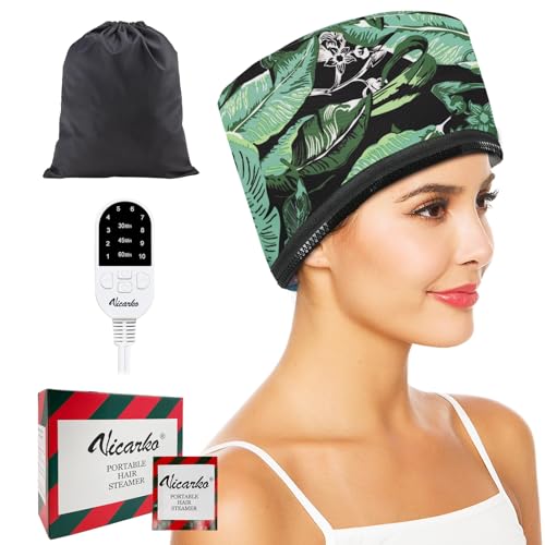 VICARKO Hair Steamer for Deep Conditioning, 10-Level Heats Up Quickly, 118” Power Cord, Heating Cap Hot Oil Treatment Heat, Electric Thermal Heated Steam for Natural Black Hair, Leaf Print