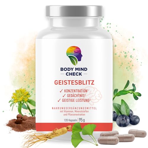 GEISTESBLITZ - natürliche Konzentrations Tabletten zum Lernen und Arbeiten - 120 Brain Booster Focus Kapseln hochdosiert - Focus Booster Gedächtnis Tabletten - Nootropic Gehirn Gedächtniskapseln