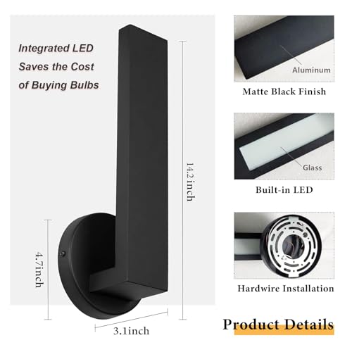 Image of Aluminum LED 18W Modern Wall Sconces Set of 2 Matte Black Waterproof Sconce Wall Lighting Indoor Outdoor Hardwired Wall Lights for Office,Porch, Bedroom, Bathroom, Living Room,Stairway