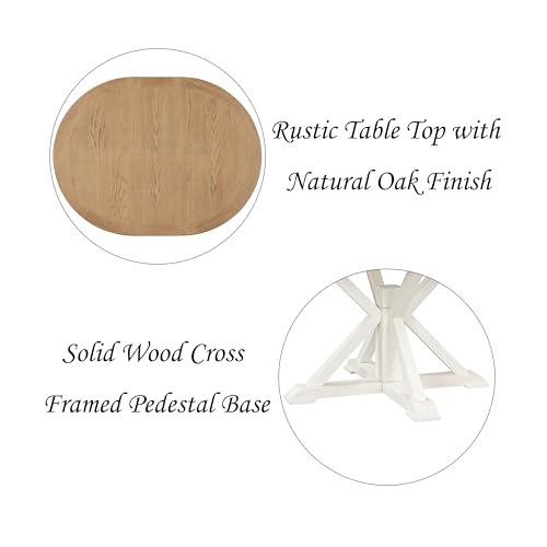 FIVEGIVEN Farmhouse Dining Table for Kitchen 54x42 Inch Expandable Oval Table Top with Hidden Butterfly Leaf Trestle Pedestal Base Natural Wood/White