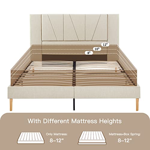 Flolinda Queen Size Bed Frame Upholstered Platform With Complete Headboard And Strong Wooden Slats, No Box Spring Needed, Easy Assembly,Beige #TOP6