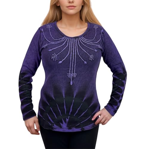 Agan Traders Women's 2026 Winter Boho Tie-Dye Knit Jersey Patch Razor Cut - Embroidered Long Sleeve Sweatshirt Top Blouse (XL, 234 RB, Purple)
