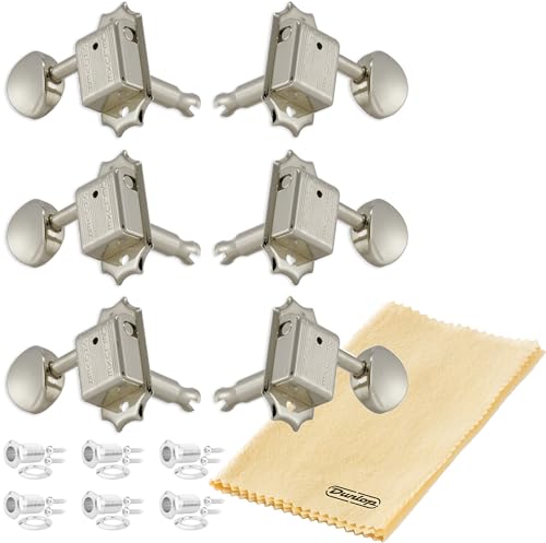 Grover 133N Vintage Deluxe Guitar Tuners Tuning Machines Set 3+3 15:1 Nickel Tuning Keys with Tonebird Dunlop Polish Cloth Bundle Tuner Heads with Metal Button