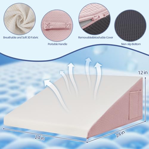 Wedge Pillow for Headboard, 12’’ Triangle Elevated Bed Wedge Pillow for Acid Reflux Relief, Sleeping, Post Surgery, Back Pain Relief, Snoring, Soft Memory Foam Top & Washable Breathable Cover, Pink
