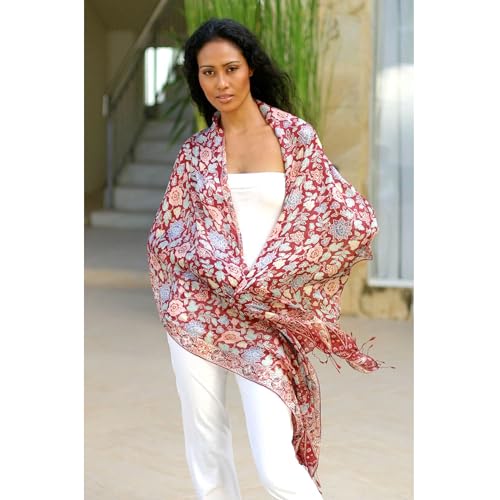 NOVICA Artisan Handmade | 100% Silk Batik Shawl Artisan Wrap Red Shawl | Lightweight Silk Shawl | Handmade Silk Batik Shawl | Travel Silk Shawl | Silk Scarf For Women | Patterned Floral Wine Garden2