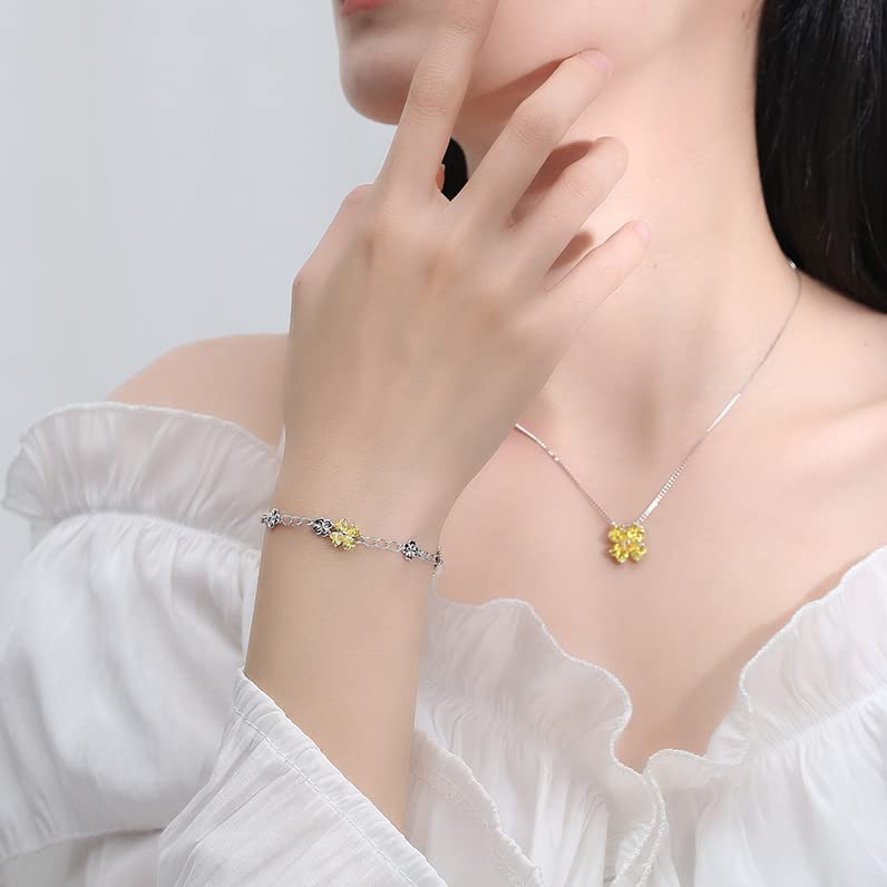Image of JIANGXIN Lucky Four leaf clover 925 Sterling Silver Birthstone Chain Link Bracelet for Women Gemstone Jewelry Shamrock Birthday Gift 16+4cm
