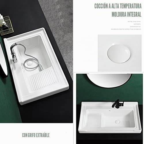 Fregadero grande rectangular de cerámica para balcón, lavabo semiempotrado con lavadero y grifo