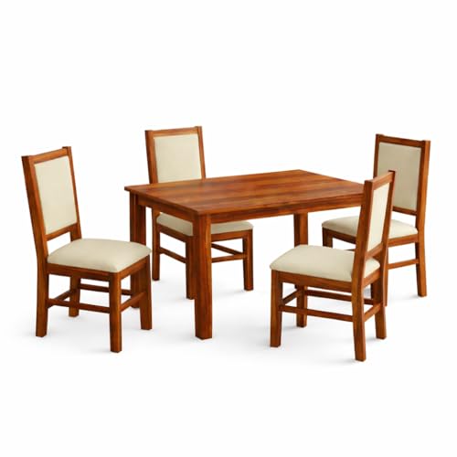 Image of SONA ART & CRAFTS Cresta Solid Sheesham Wood Dining Table Set of 4 Seater Dinner Dinning Table with 4 Cushion Chair Dining Furniture for Living Room Home Hotel Office Self Assembly (Natural Finish)