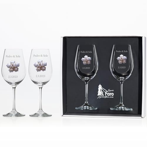 JOYERIA EL FARO Copas de Vino Personalizadas para Bodas de Oro – Juego de 2 Copas con Chapita Dorada Hoja – Estuche Premium de Joyería – Regalo 50 Aniversario JOYERIA EL FARO Copas de Vino Personalizadas para Bodas de Oro – Juego de 2 Copas con Chapita Dorada Hoja – Estuche Premium de Joyería – Regalo 50 Aniversario