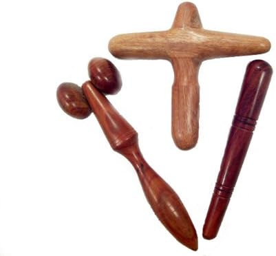 Thai Traditional Reflexology Massage, Three Wooden Tools, X-Shape for Hand, Roller for Foe Face and Stick for Foot Massage, Set 3pcs