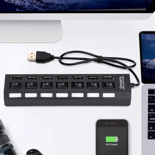 Image of BETSU 7-Port USB 2.0 Hub with Individual Power Switches and LED Indicators, USB Splitter for Laptop, PC, Keyboard, Mouse, Mobile HDD and Flash Drive (Black)
