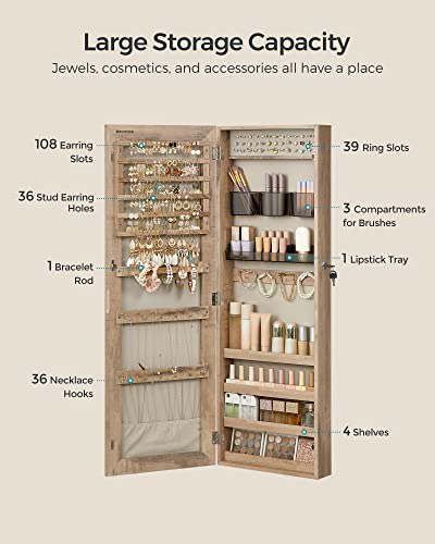 Songmics Mirror Jewelry Cabinet Armoire, Wall Or Door Mounted Jewelry Storage Organizer, Hanging Lockable Frameless Mirror Cabinet With 2 Cosmetic Organizers, Gift Idea, Toasted Oak Color Ujjc001N01 #TOP2