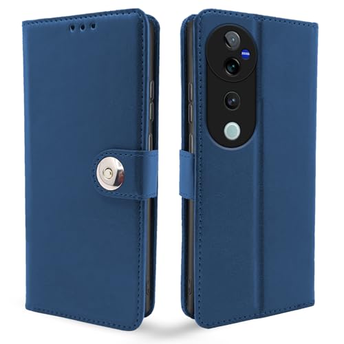 Image of Pikkme Flip Cover Leather Finish | Inside TPU with Card Pockets | Wallet Stand and Shock Proof | Complete Protection Button Flip Case for Vivo V40 5G / V40 Pro 5G / T3 Ultra 5G (Blue)