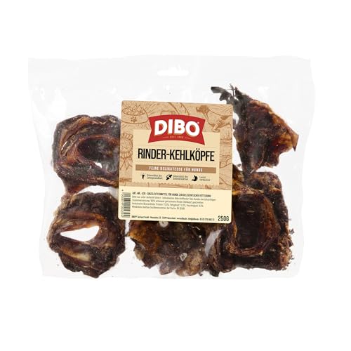 DIBO Rinderkehlköpfe, geschnitten, 250g-Beutel, der kleine Naturkau-Snack oder Leckerli für Zwischendurch, Hundefutter, Qualitätskauartikel ohne Chemie (Packung mit 4)
