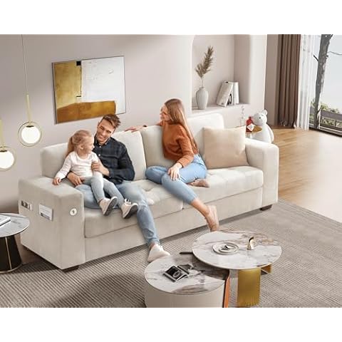 WorthFurni 89 Inch Sofa Couch, Modern 3 Seater Couch with Removable Covers and USB Ports, Large Chenille Comfy Sofa for Living Room, Oversized Loveseat Sofa for Apartment (Beige) Cover