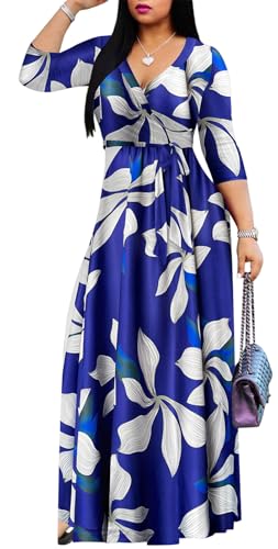 Image of Women's Floral Maxi Dress Summer Casual V-Neck 3 /4 Sleeve Long Bohemian Print Evening Party Dress